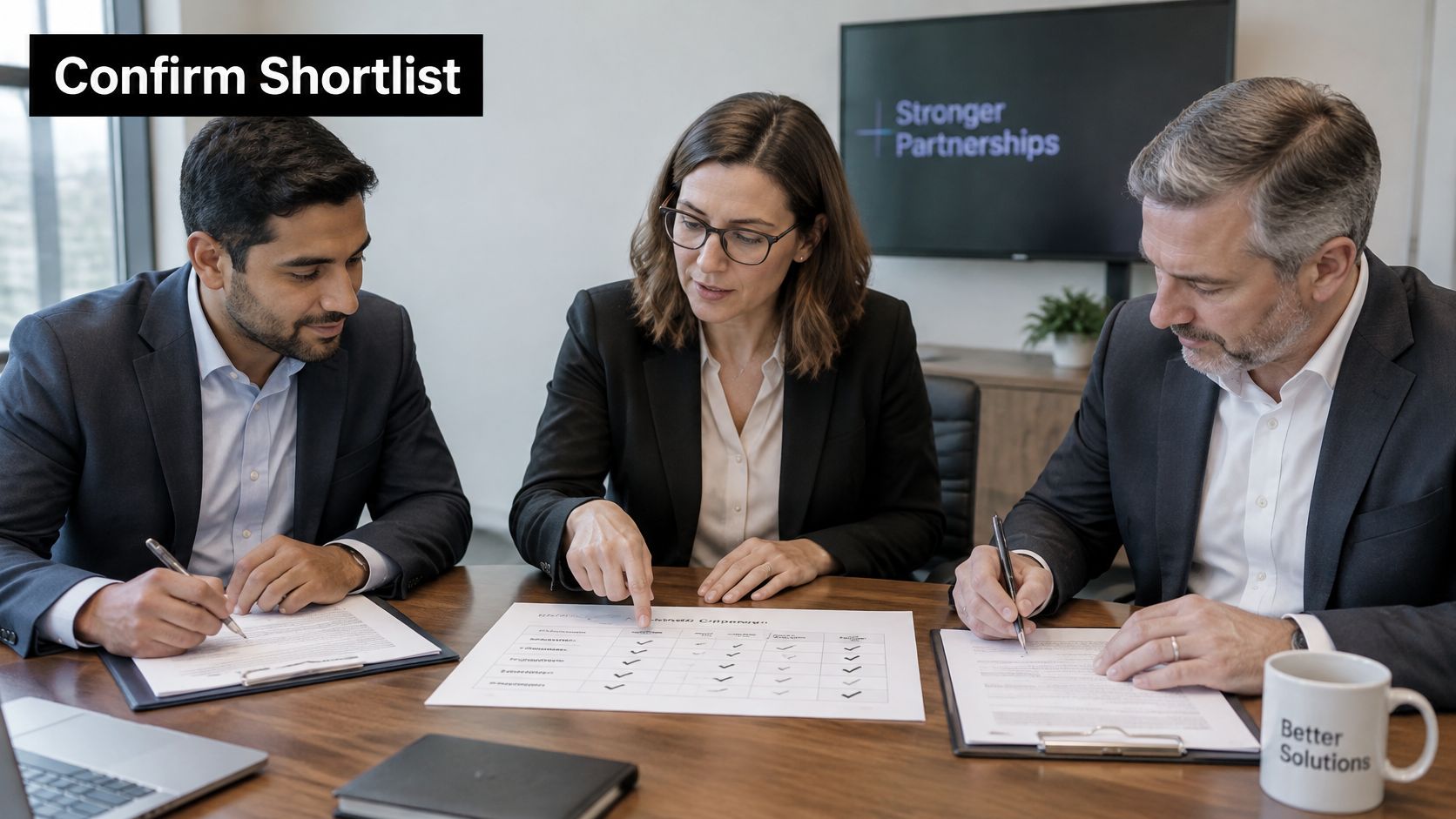 A professional team of three people reviewing a document and discussing their vendor selection process in office.