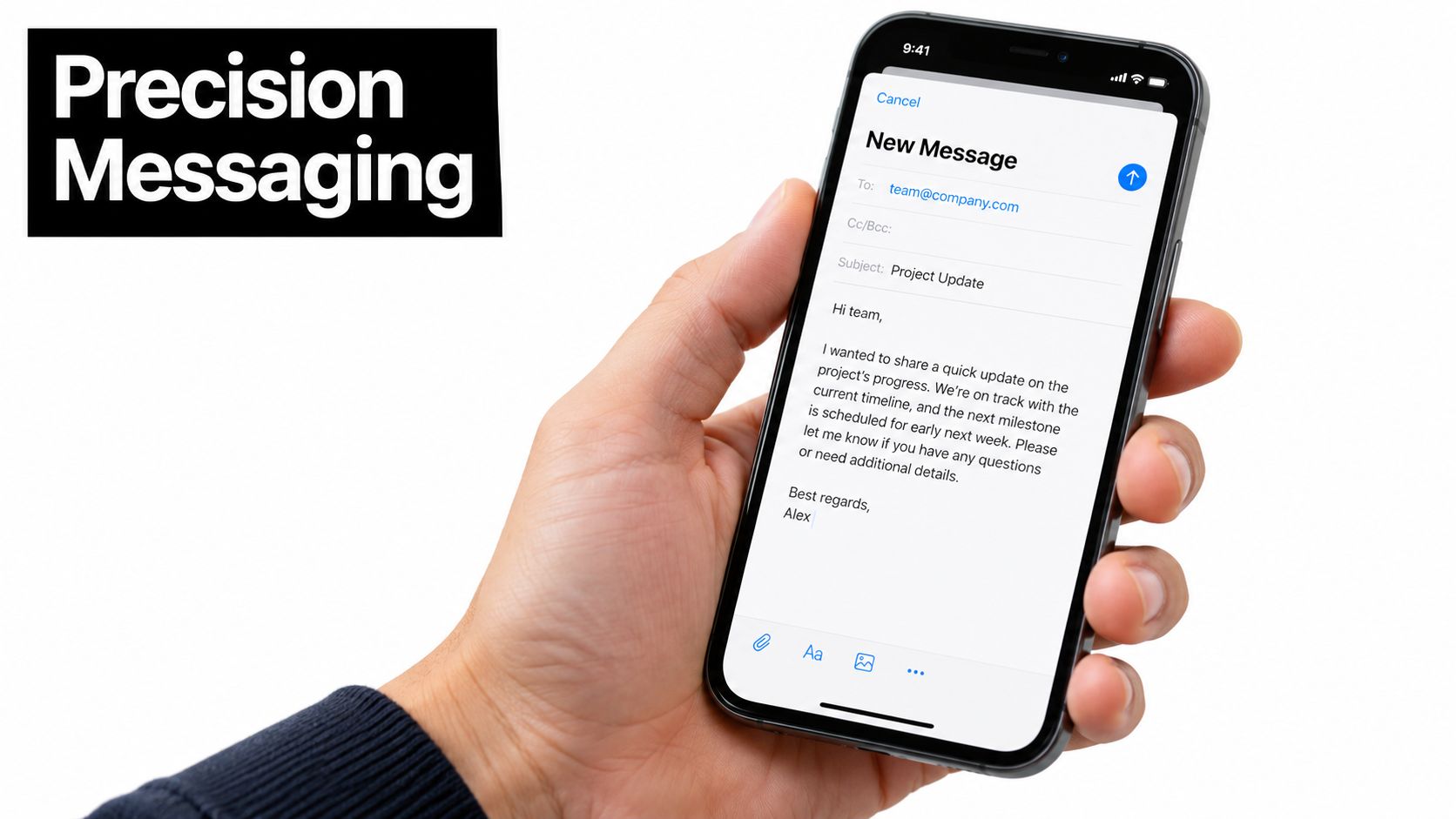 A person holding a smartphone showing an email draft about a project update for business communication.