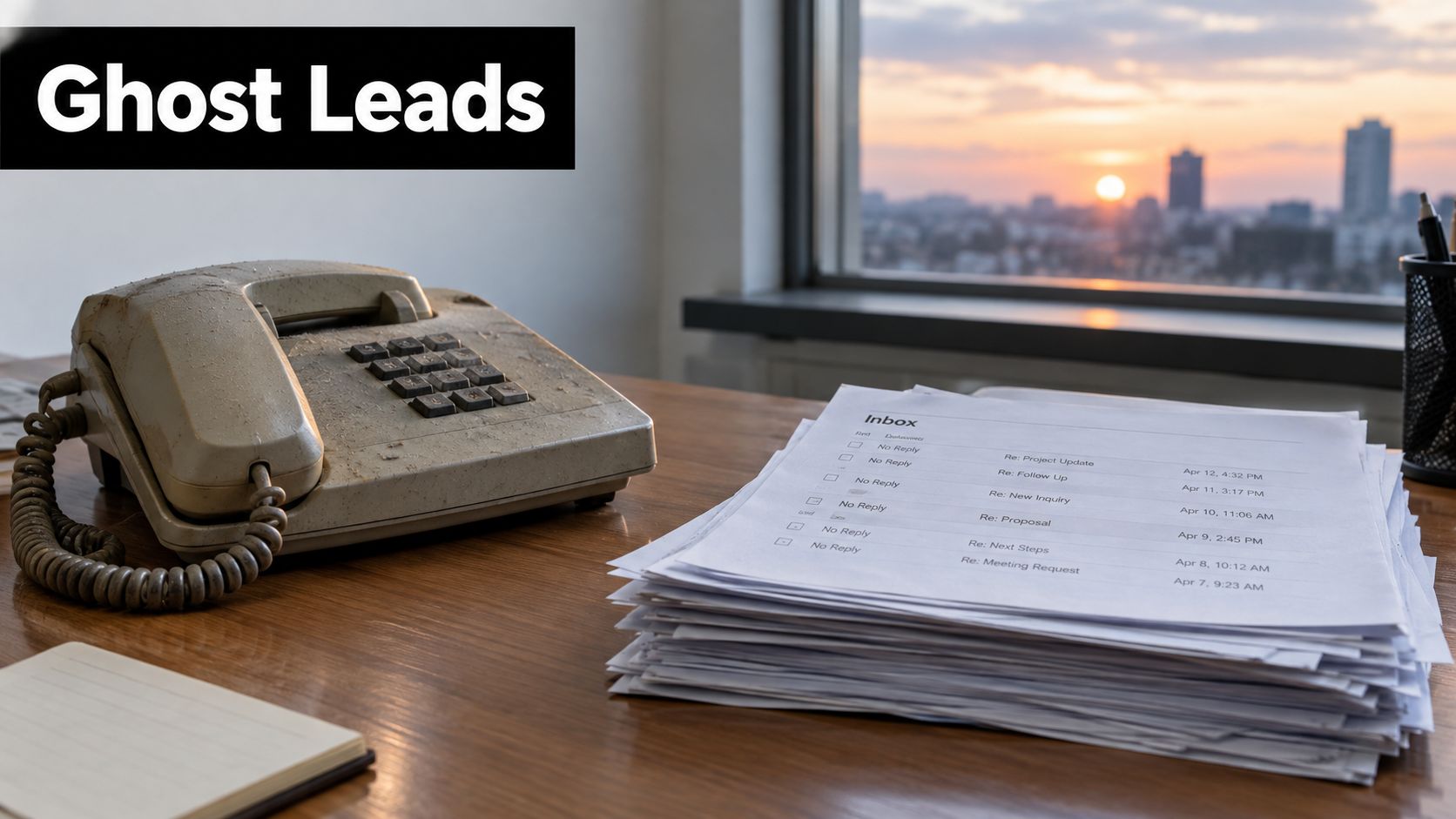 A dusty old desk phone and a stack of papers labeled inbox on a wooden desk.