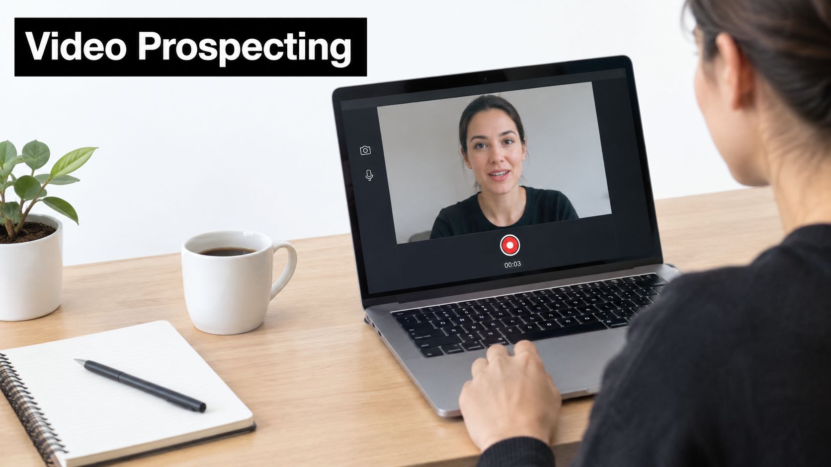 A woman working on a laptop while recording a personalized sales video message for remote outreach prospecting.