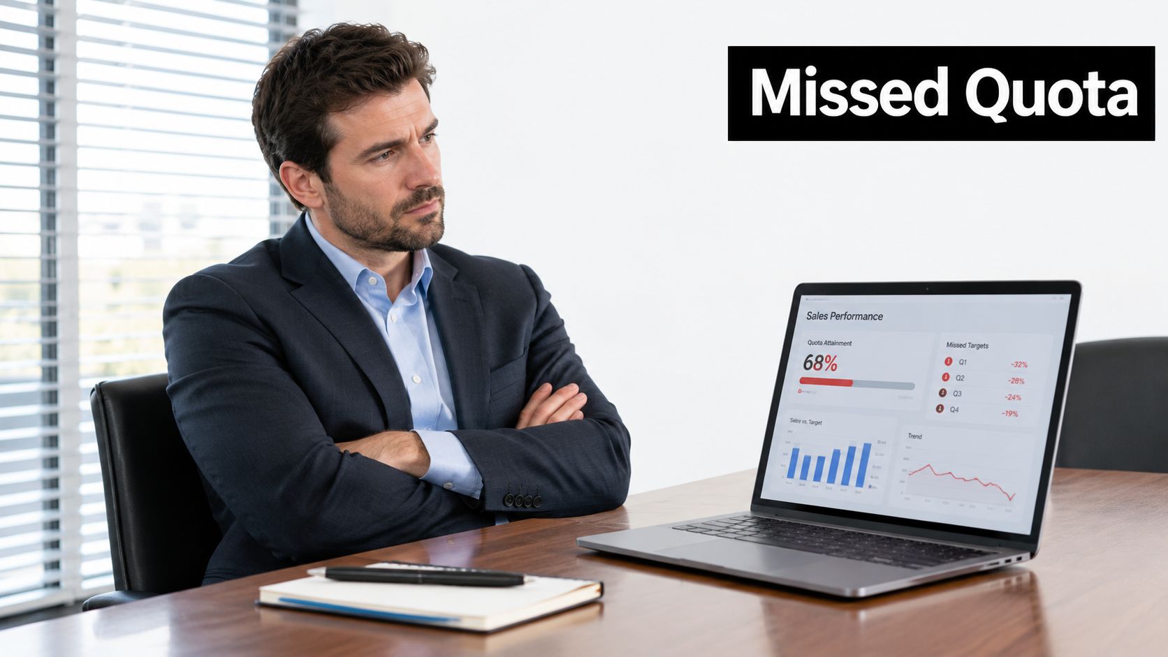 A concerned businessman sitting at his desk looking at a laptop screen displaying poor sales performance data.