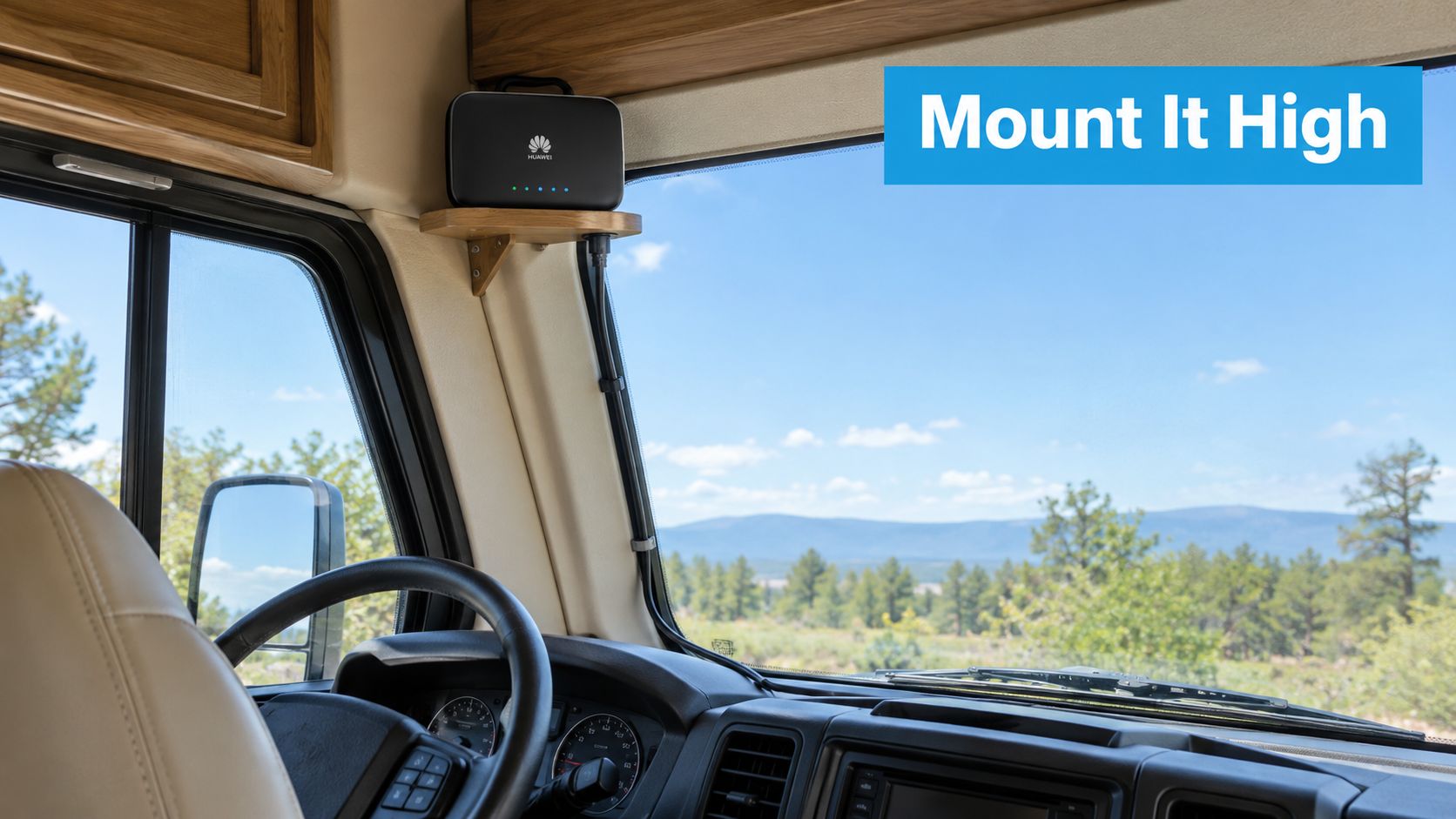 A black Huawei Wi-Fi router mounted on a small wooden shelf inside an RV near the windshield.