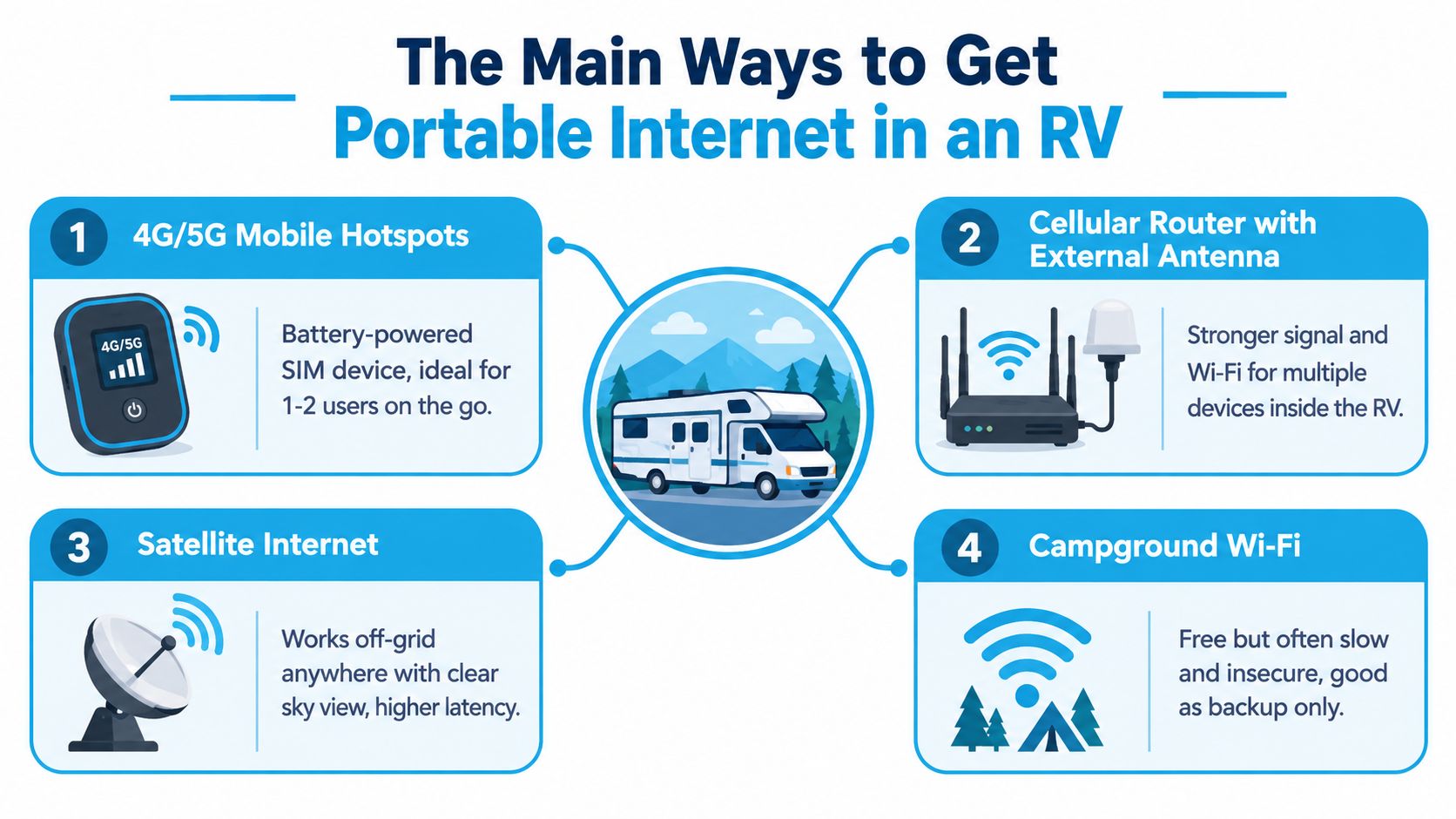 An infographic illustrating the four primary methods for obtaining portable internet while traveling in an RV.