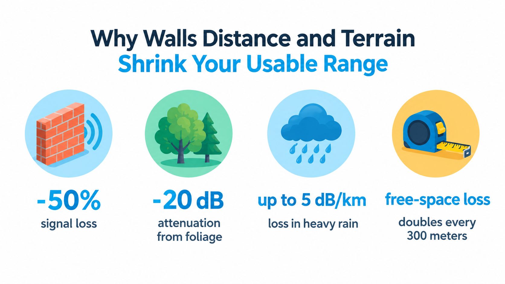 An infographic illustrating factors like walls, foliage, rain, and distance that cause signal loss for routers.