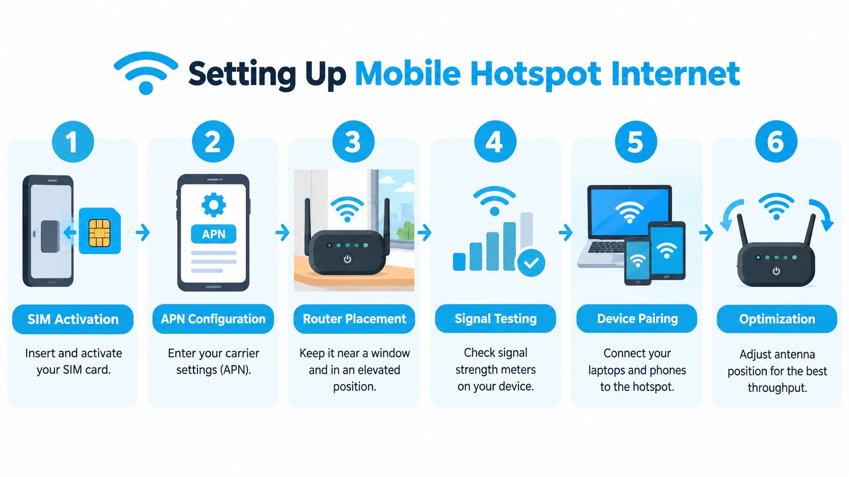 A step-by-step infographic illustrating the six-step process for setting up a mobile hotspot internet connection at home.