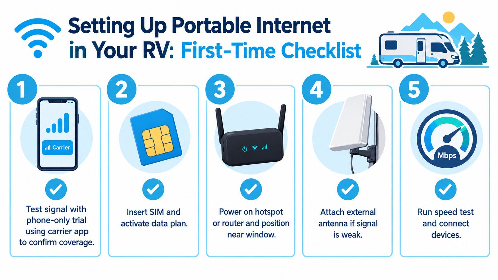 A five-step instructional checklist for setting up portable internet in an RV, displayed with simple icons.