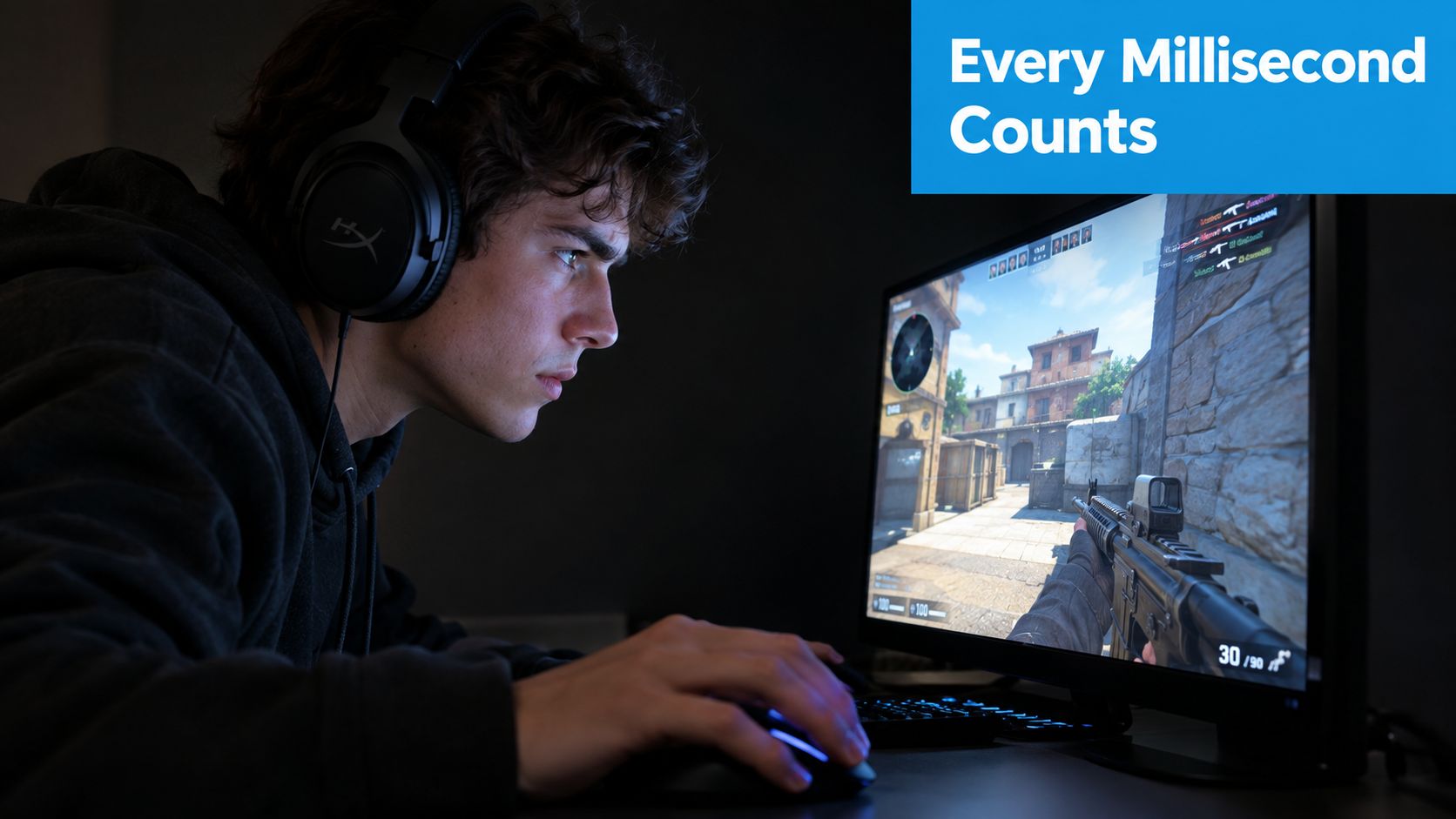 A focused gamer wearing a gaming headset while playing a competitive first-person shooter on a computer monitor.