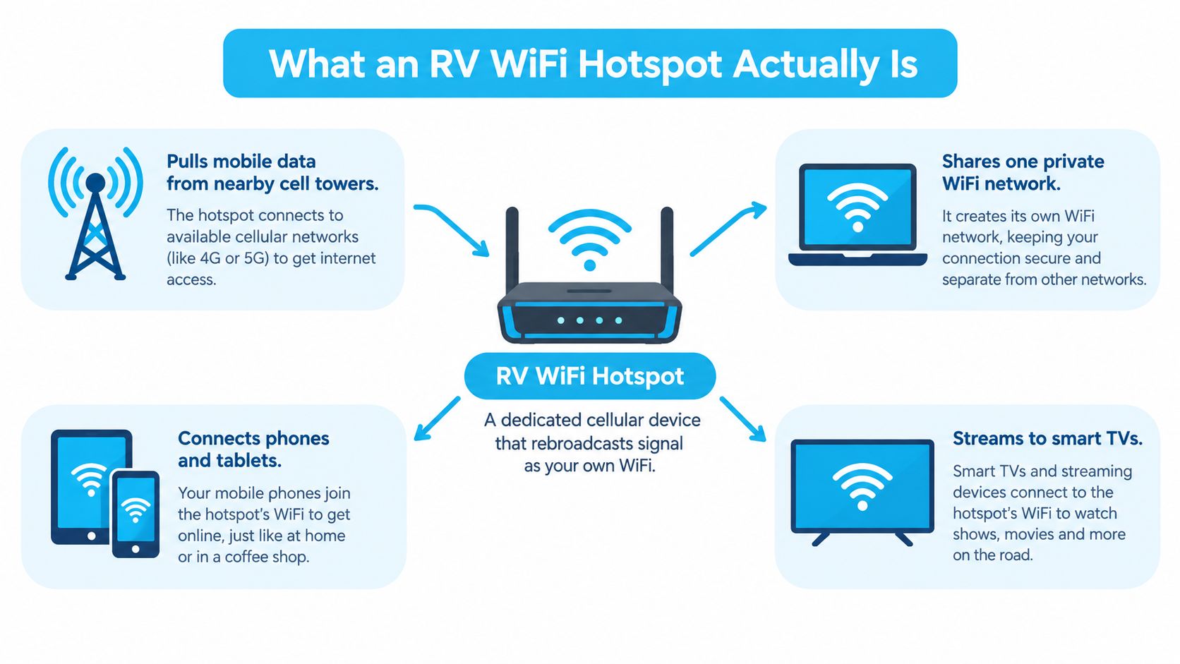 An infographic explaining how an RV WiFi hotspot uses cellular signals to provide internet for multiple devices.