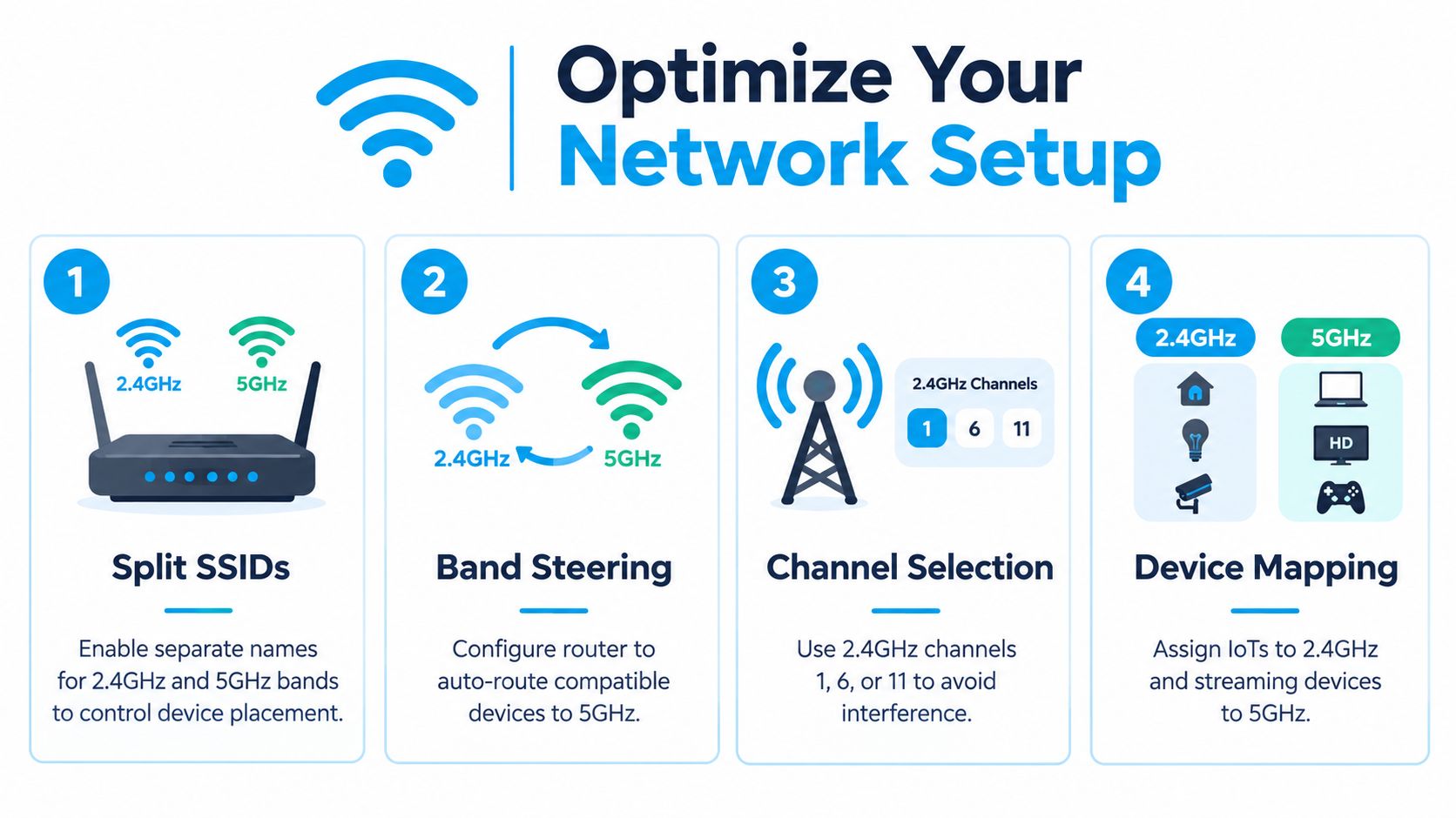 An infographic showing four steps to optimize a home network setup using 2.4GHz and 5GHz Wi-Fi bands.