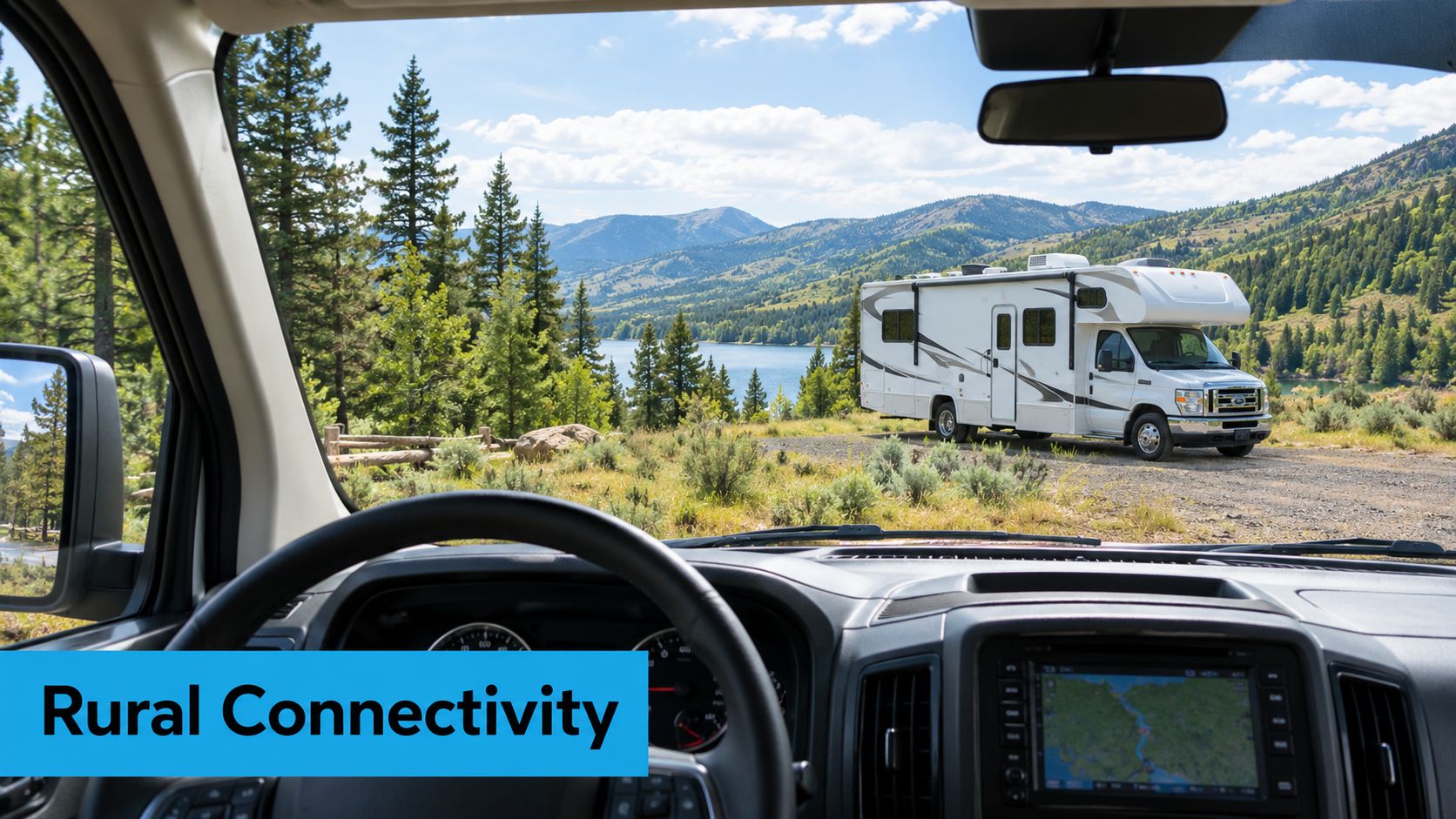 A view from inside a vehicle overlooking a scenic mountain lake with a motorhome parked nearby.