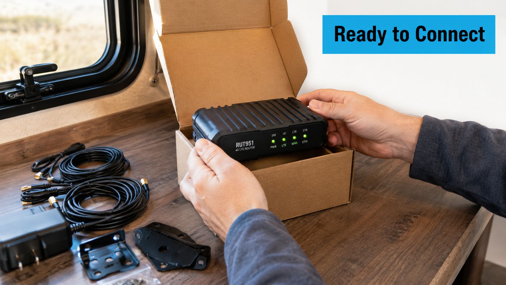 A person holding a RUT951 4G LTE router device next to its packaging inside an RV camper van.