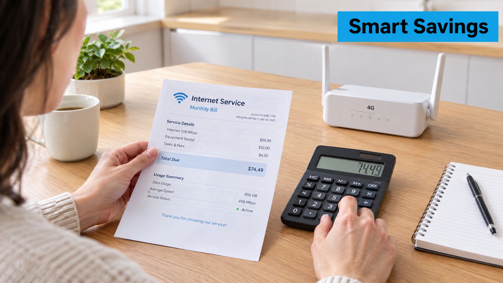 A woman reviewing her internet service monthly bill while sitting at a desk with a 4G router.