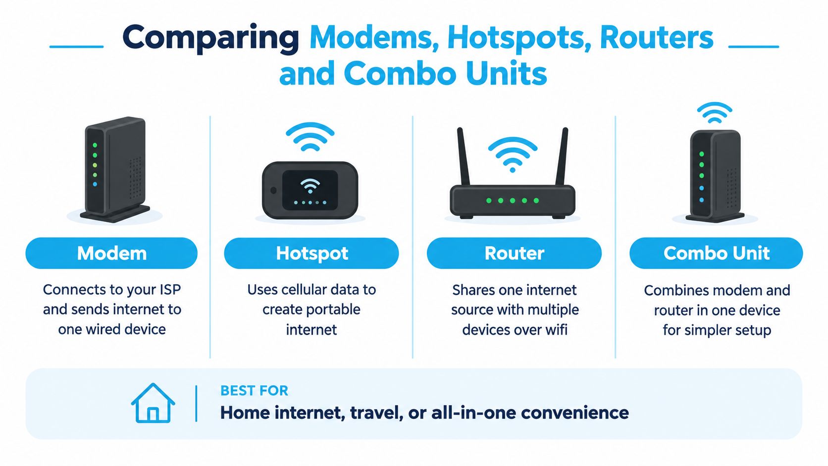 A comparison chart explaining the differences between modems, mobile hotspots, routers, and all-in-one combo units for internet.