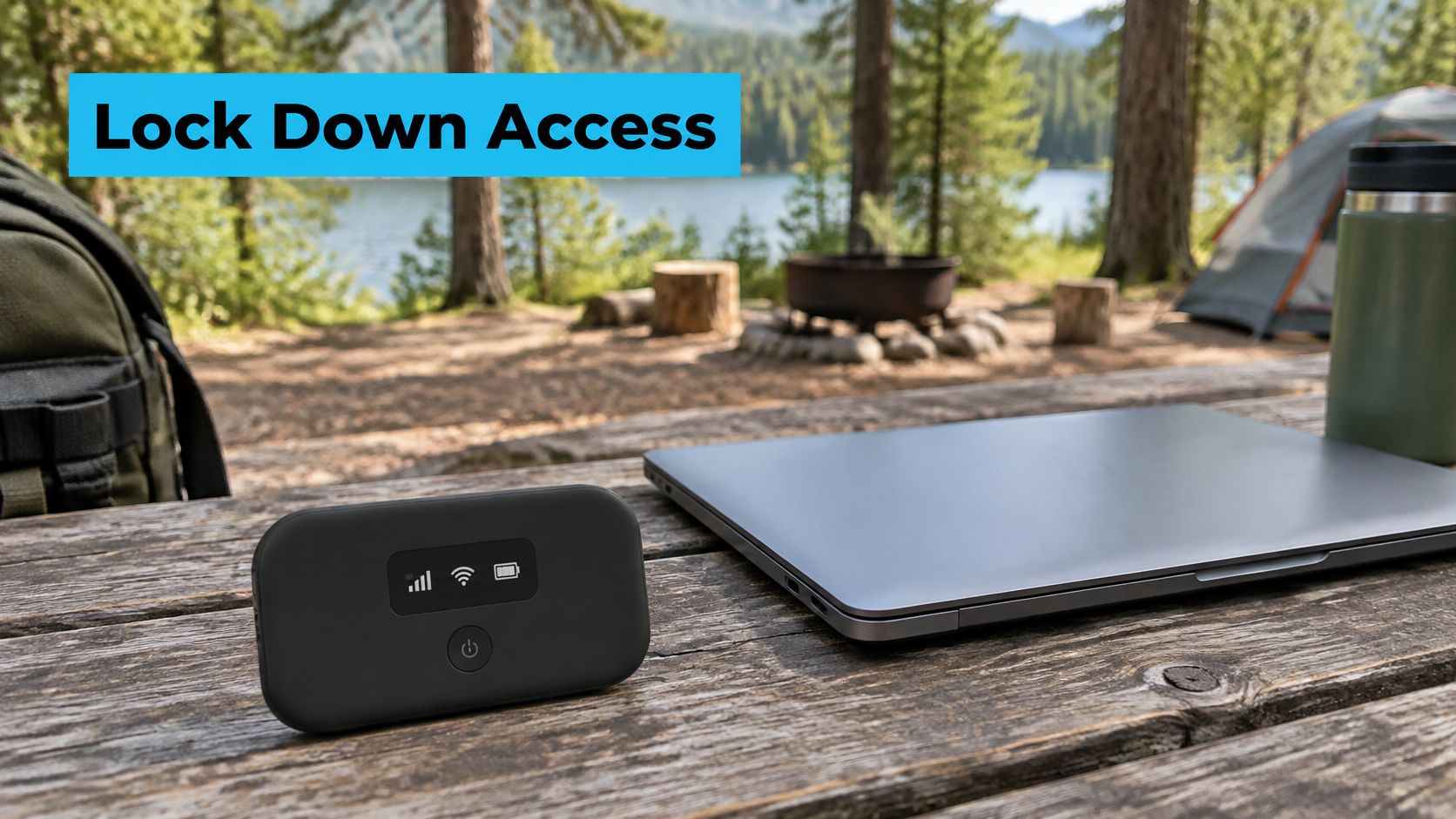 A black mobile hotspot device sits on a rustic wooden picnic table next to a closed laptop.