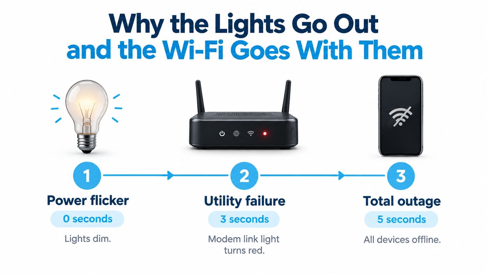 A diagram illustrating the timeline of a power outage affecting household lights, modem connectivity, and mobile devices.