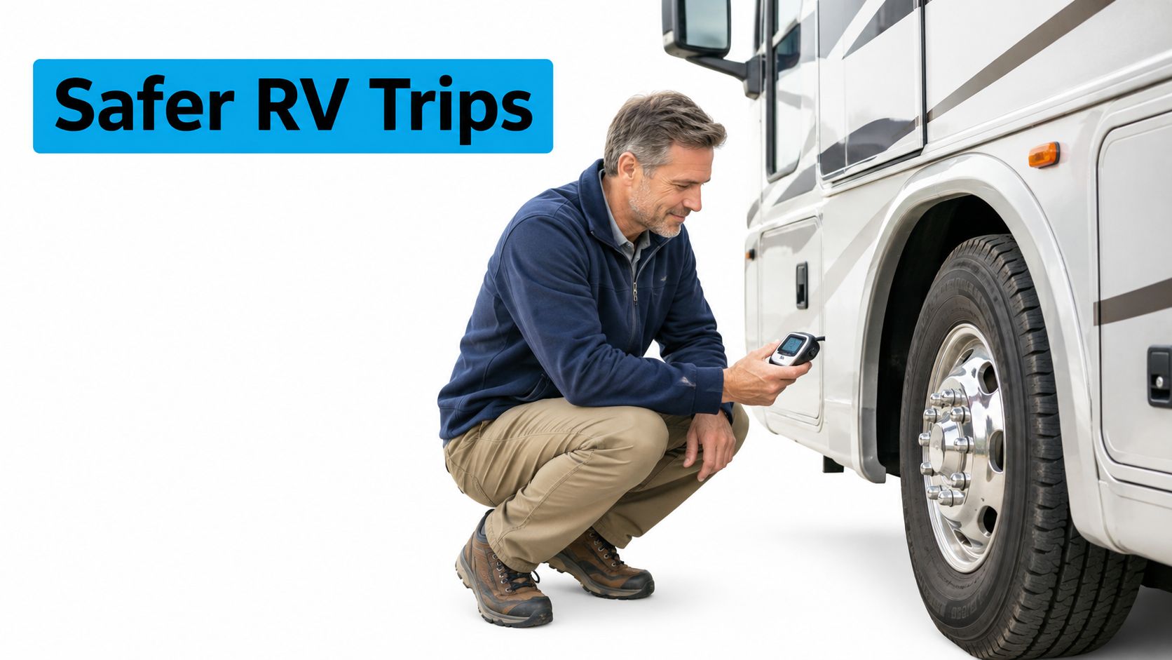 A middle-aged man kneeling beside an RV tire and using a digital pressure gauge to check inflation.