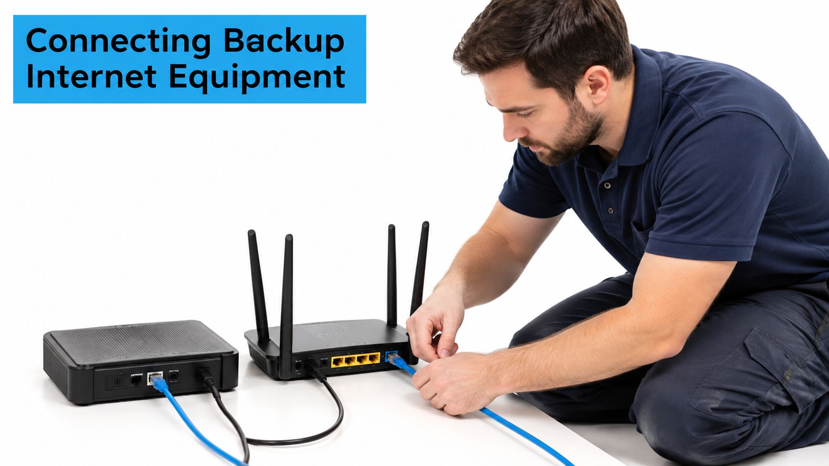 A technician kneeling on the floor connecting a blue Ethernet cable into a wireless internet router.