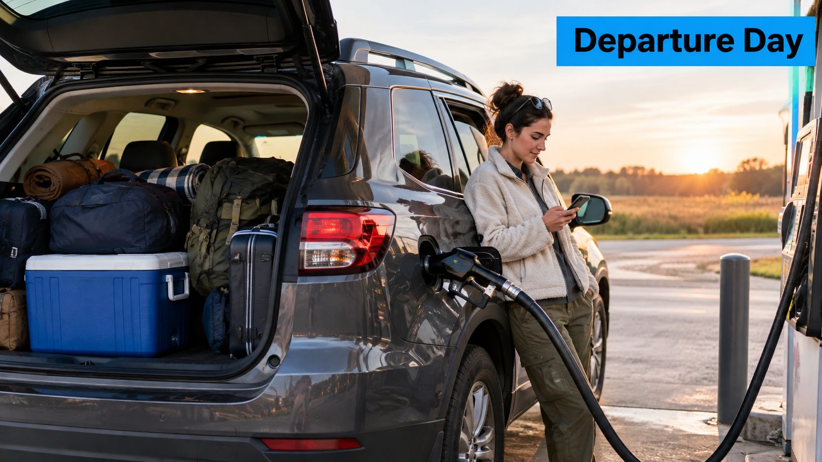 A woman stands beside her packed car at a gas station while using her smartphone at sunset.