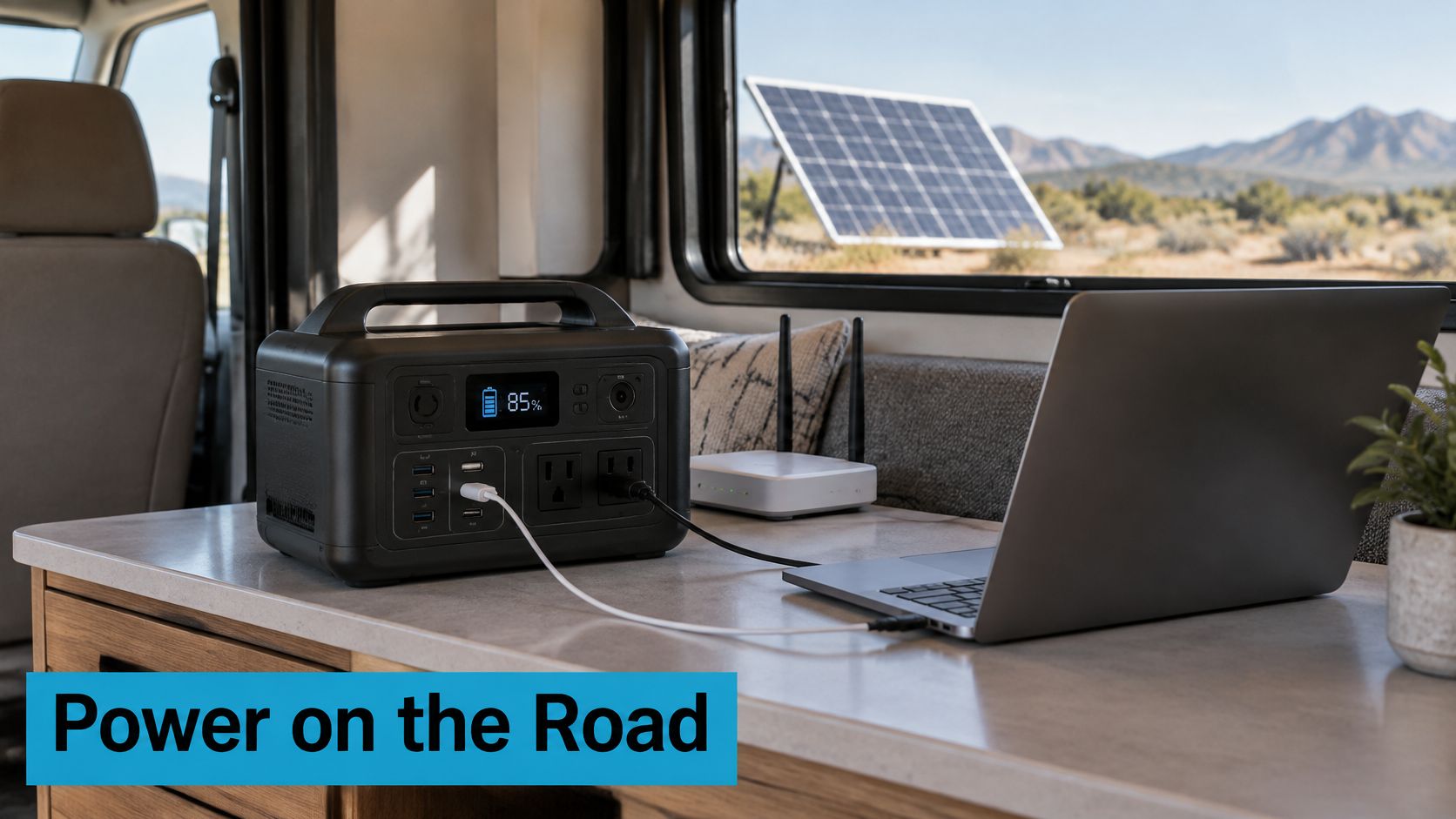 A portable power station powering a laptop and router inside an RV with a solar panel outside.