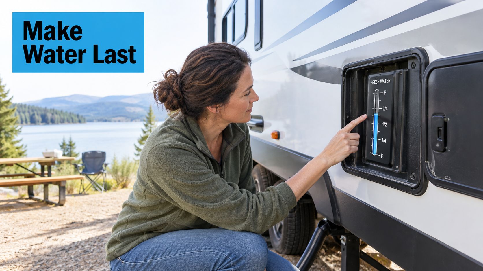 A woman crouching beside her RV checking the fresh water level indicator on the side panel.