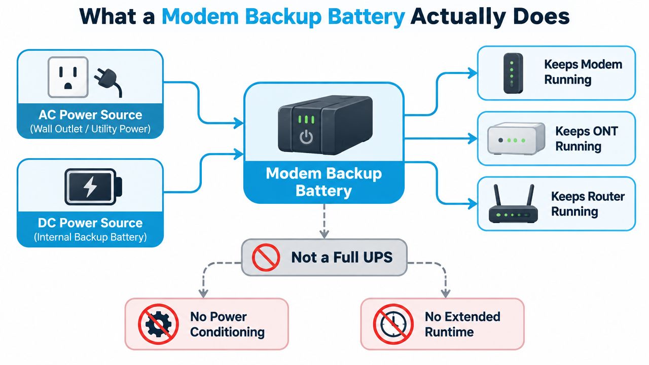 A diagram illustrating how a modem backup battery provides power to networking devices during outages.