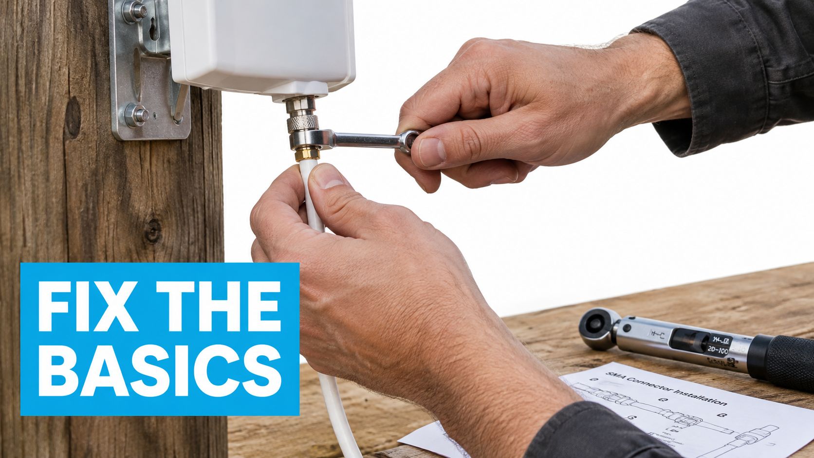 A technician carefully uses a wrench to tighten a coaxial connector on a 5G router antenna.