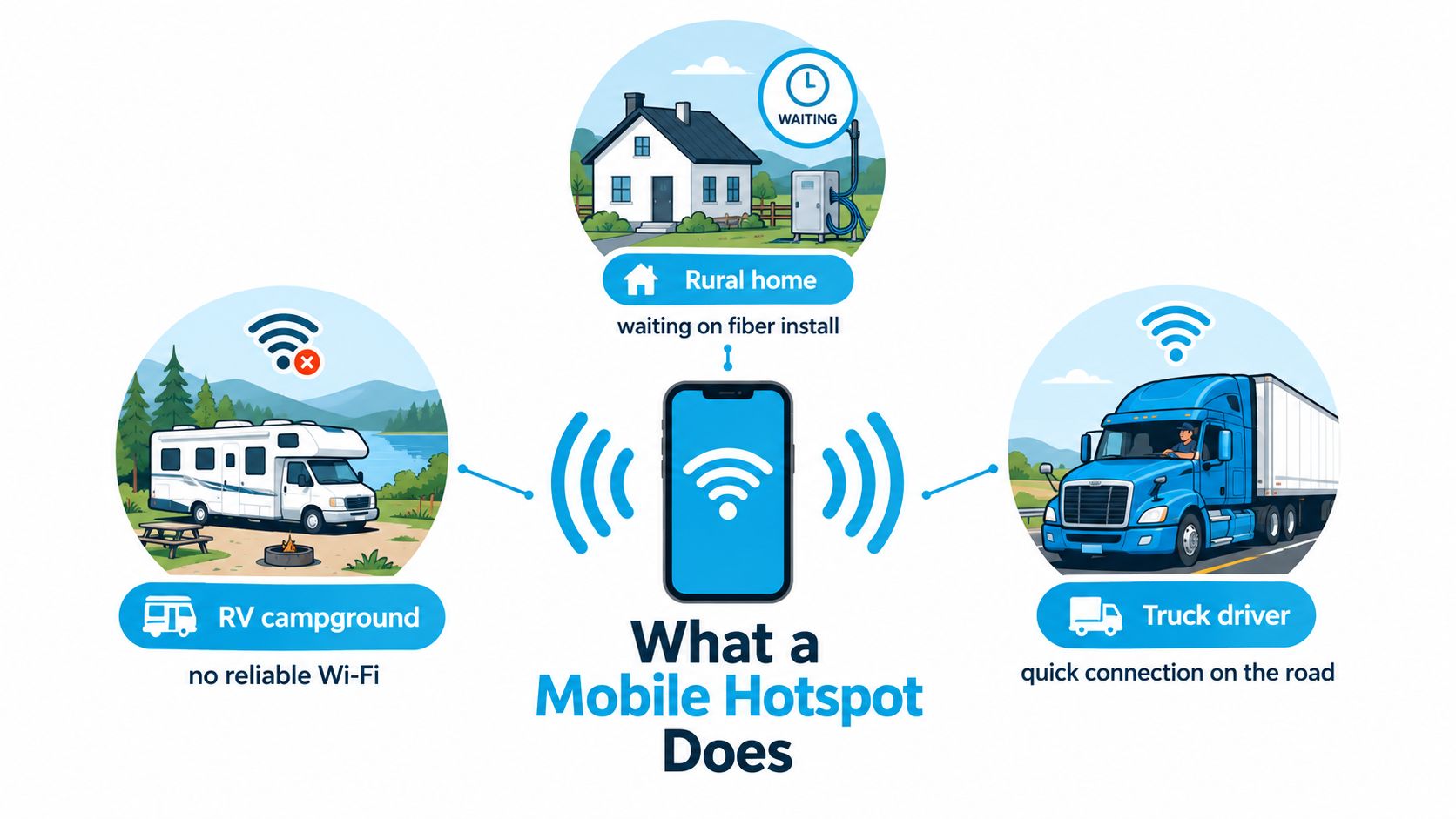 An illustration showing how mobile hotspots provide internet connectivity for rural homes, RV campers, and truck drivers.