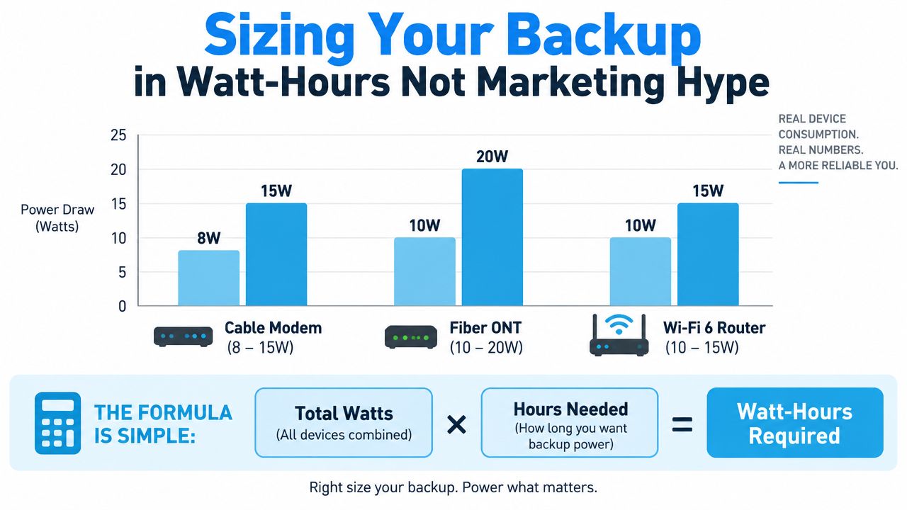 A chart illustrating how to calculate required battery watt-hours for home networking equipment power backups.