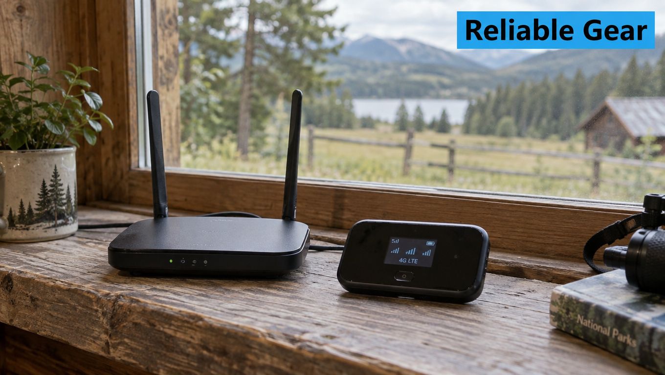 A router and mobile hotspot on a wooden windowsill overlooking a scenic lake and mountain landscape.