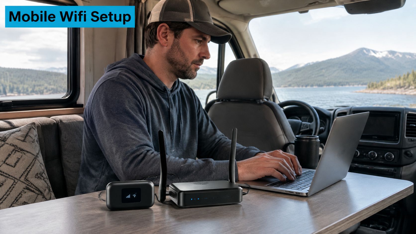 A man working on his laptop in a motorhome with a mobile Wi-Fi setup on the table.