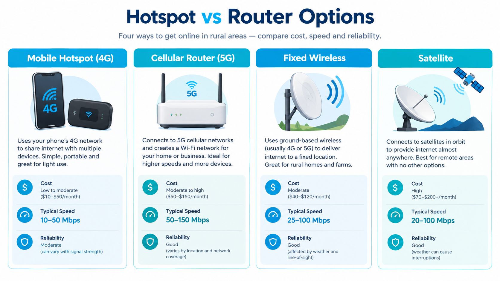 A comparison chart outlining the four internet connection options for rural areas including mobile, cellular, fixed, and satellite.