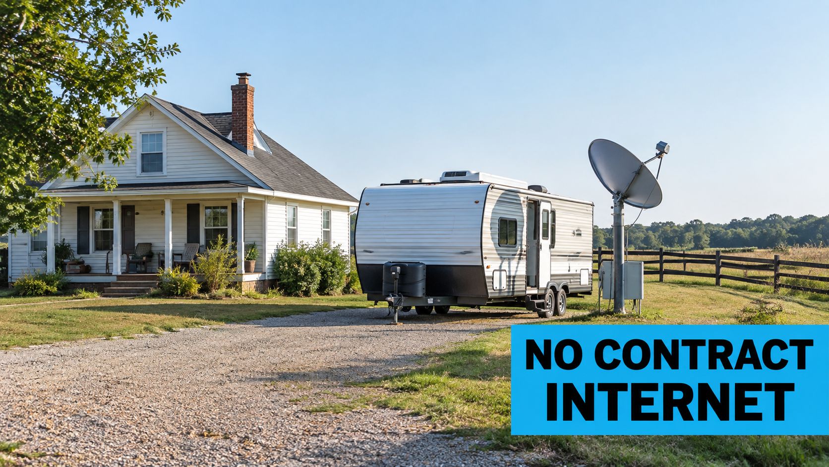 A travel trailer parked on a gravel driveway in front of a house with a satellite dish.