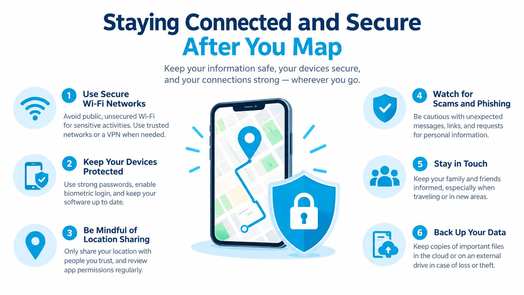 An infographic titled Staying Connected and Secure After You Map offering six cybersecurity and digital safety tips.