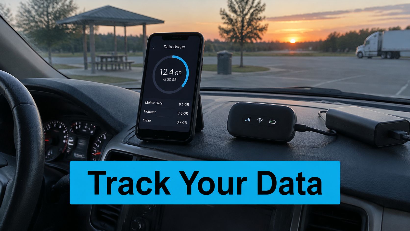 A smartphone showing data usage statistics alongside a portable mobile hotspot device on a car dashboard.