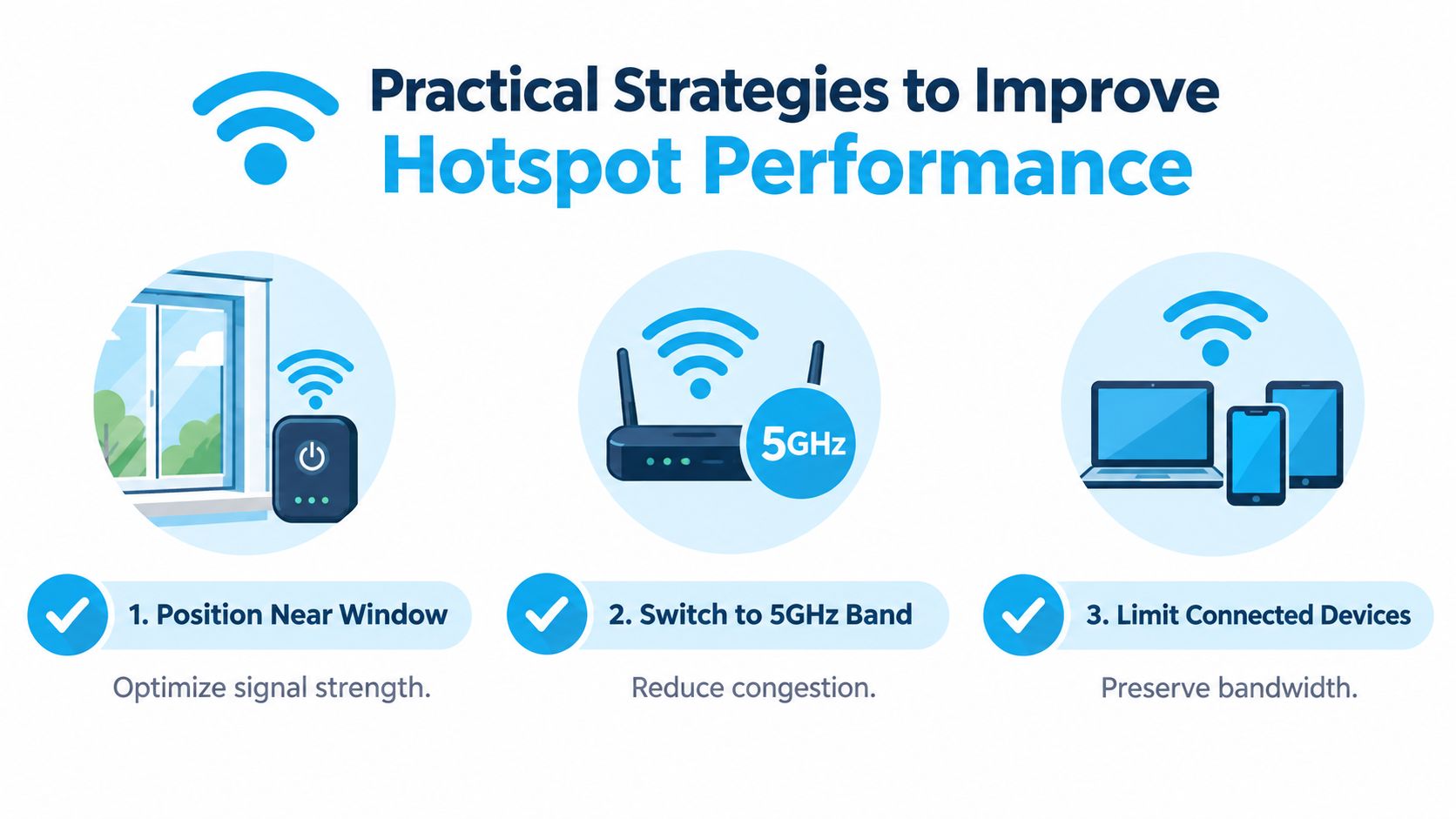 An infographic showing three practical steps to improve 4G LTE hotspot performance for faster internet connectivity.