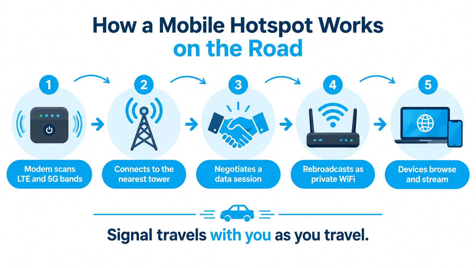 A five-step infographic showing how a mobile hotspot device connects to cell towers to provide internet access.
