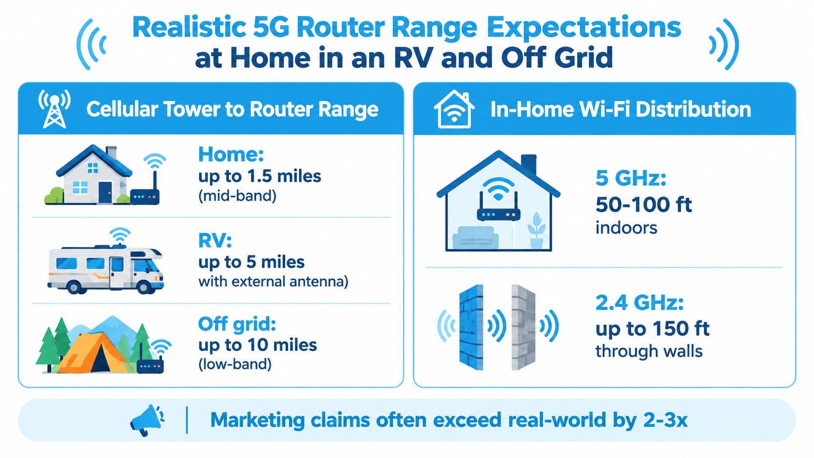 An infographic showing realistic 5G router range expectations for home, RV, and off-grid locations with Wi-Fi details.