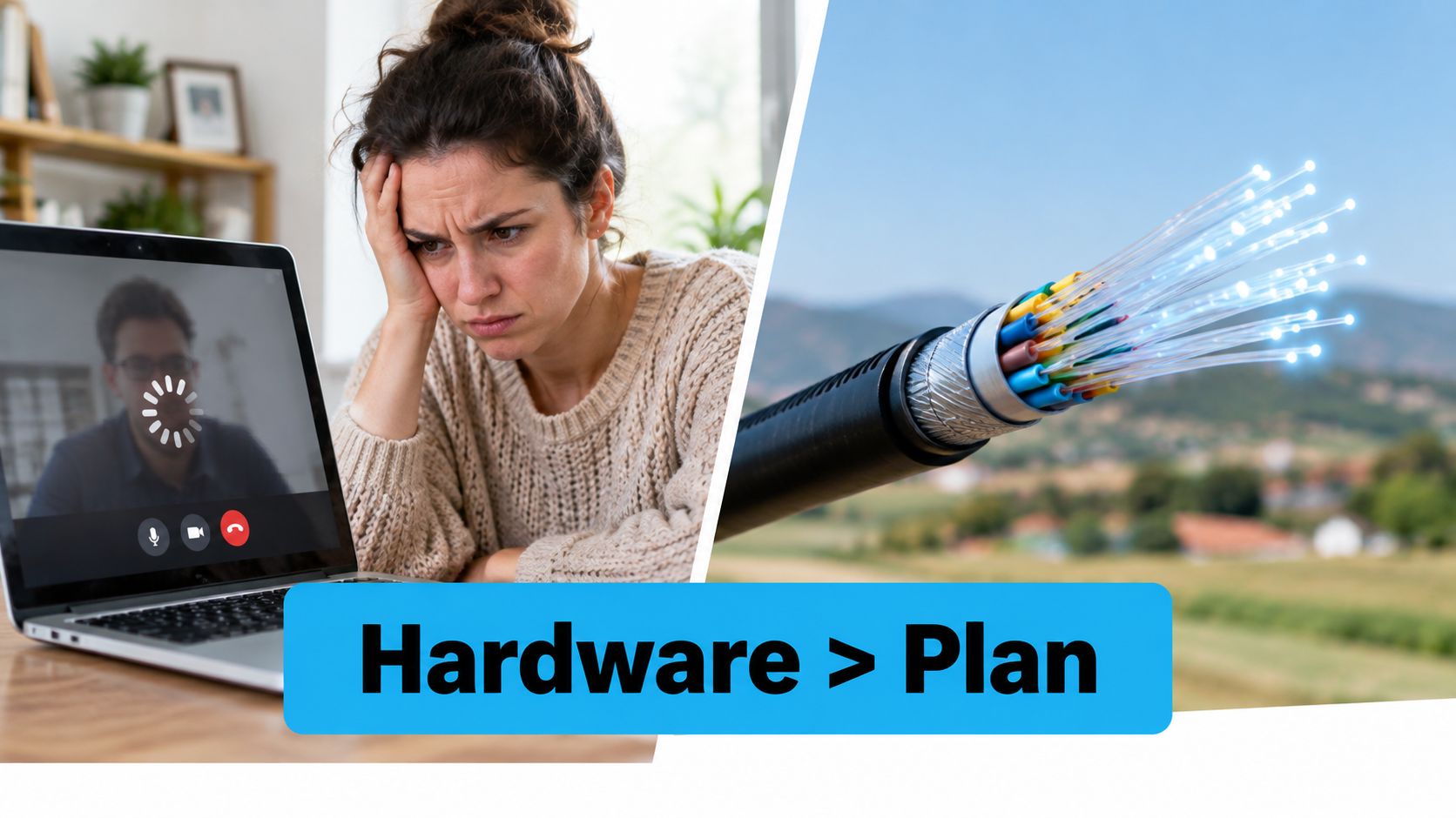 A frustrated woman looking at a buffering video call next to an illuminated fiber optic cable.