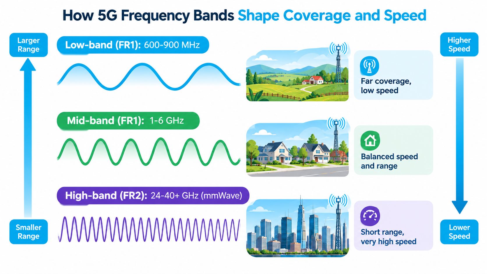 A diagram comparing 5G frequency bands, showing how low, mid, and high bands affect coverage and speed.