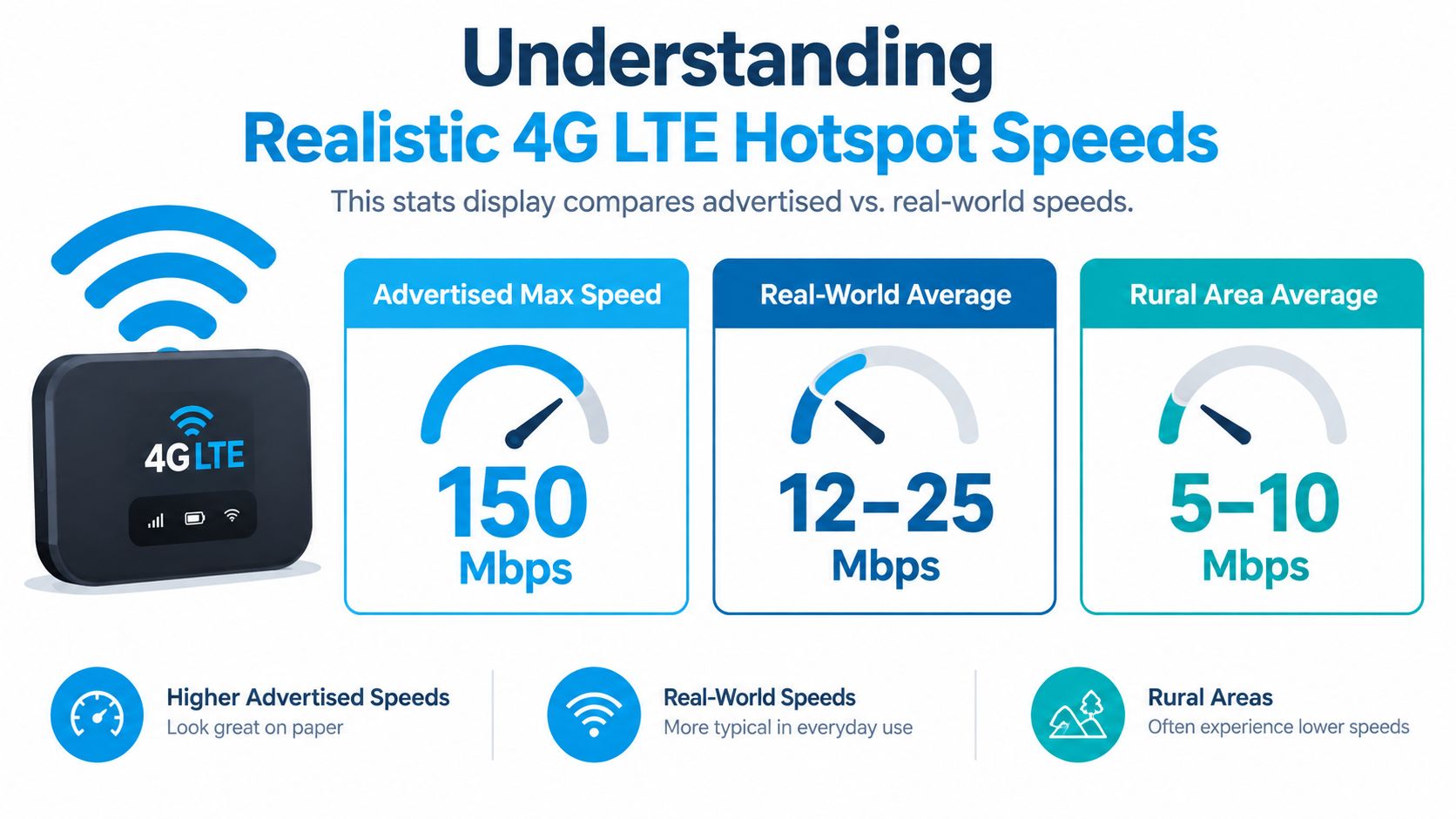 An infographic comparing advertised maximum 4G LTE speeds versus real-world and rural area internet performance statistics.