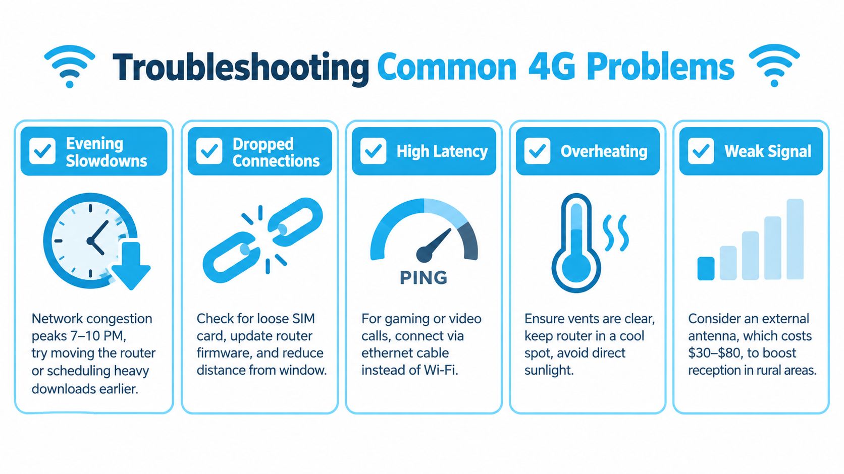An infographic titled Troubleshooting Common 4G Problems offering solutions for speed, connection, latency, overheating, and signal issues.