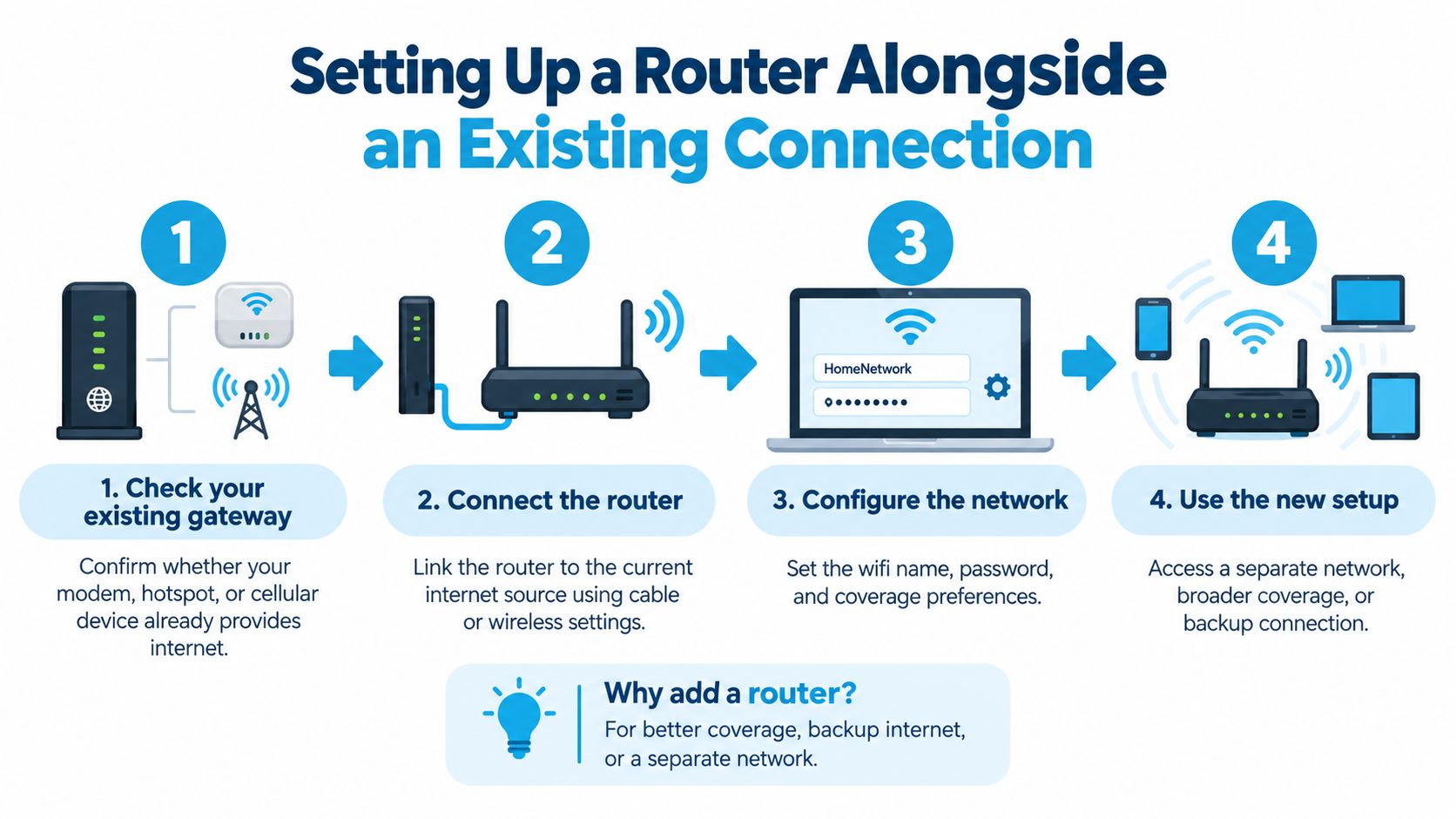 A four-step infographic illustrating how to set up a new router alongside an existing internet connection.