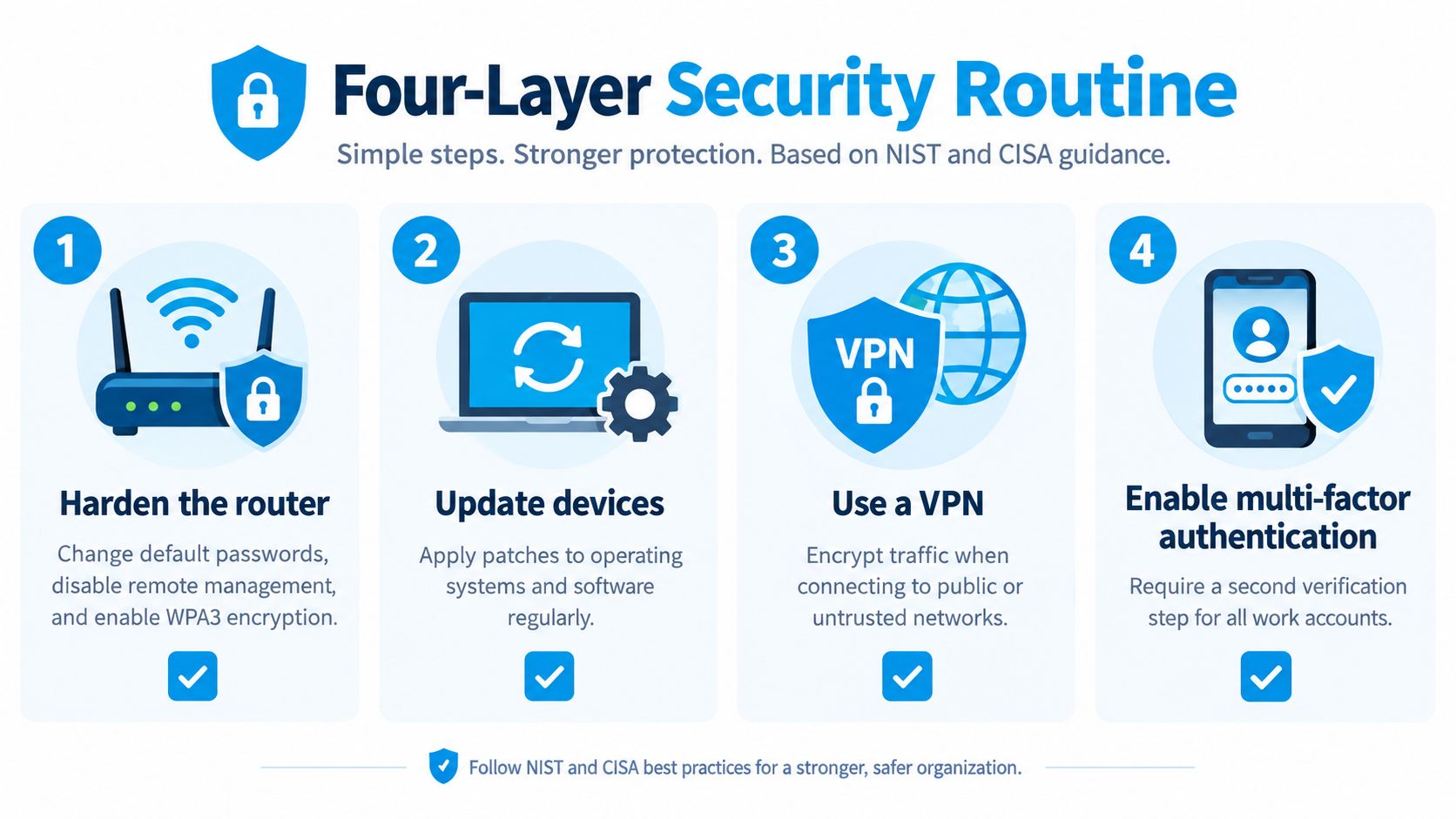 An infographic showing a four-layer security routine for protecting digital devices and network connections.