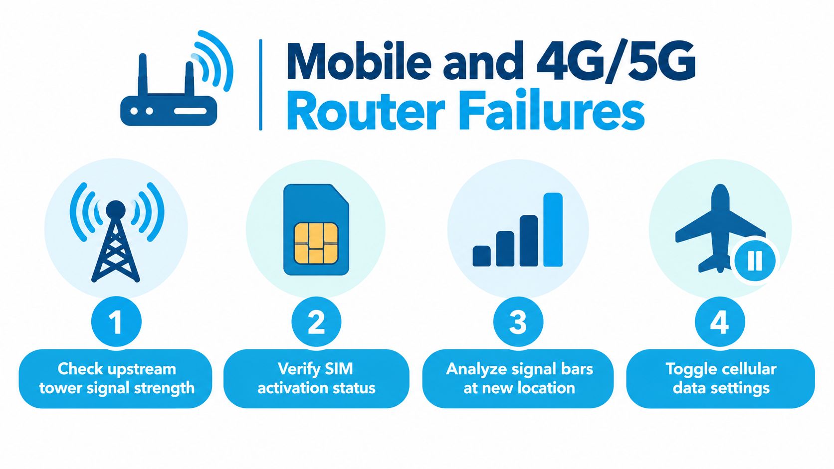 An infographic showing four troubleshooting steps to resolve mobile and 4G/5G router connection failures effectively.