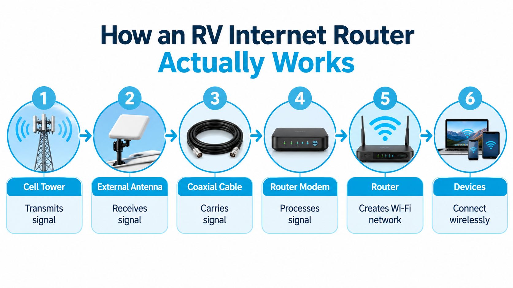 A diagram illustrating the six-step process of how an RV internet router system transmits and receives data.