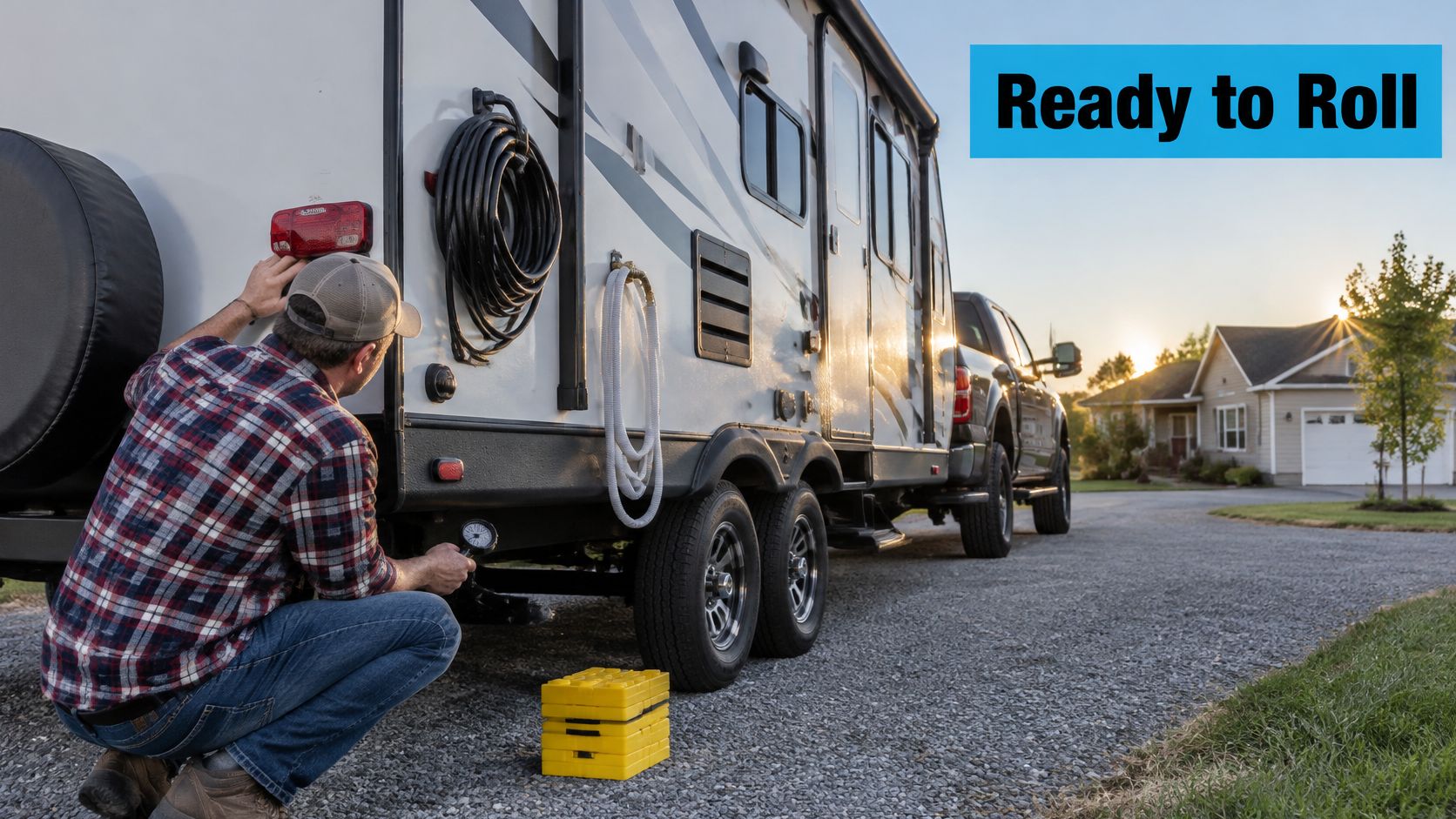 A man in a plaid shirt checking the tire pressure of his parked travel trailer at home.