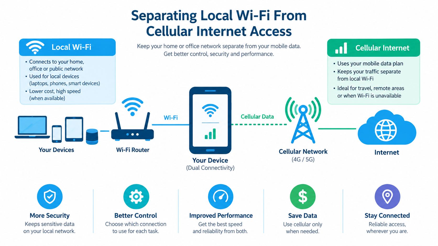 An infographic explaining the benefits of separating local Wi-Fi from cellular internet for better connectivity and security.