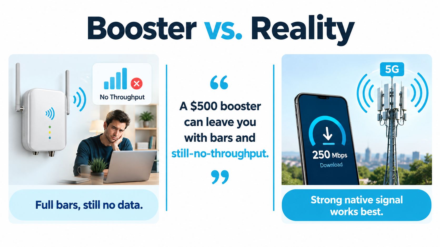 An infographic comparing a cellular booster with full signal bars but no throughput to a strong native 5G signal.