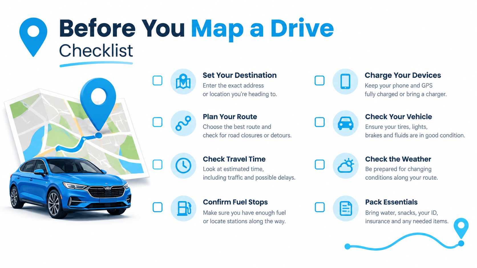 An infographic checklist for drivers titled Before You Map a Drive with icons for route planning.