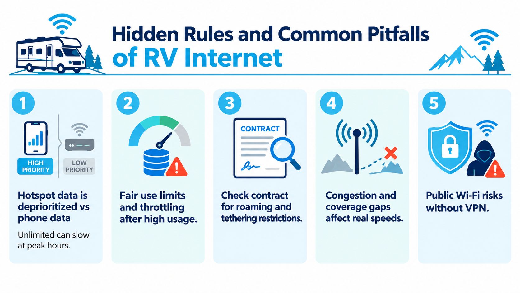 An infographic titled Hidden Rules and Common Pitfalls of RV Internet featuring five tips for mobile connectivity.